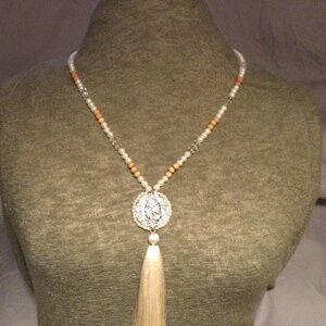Long Pearl Bead Necklace with Native American Pendant and Tassel